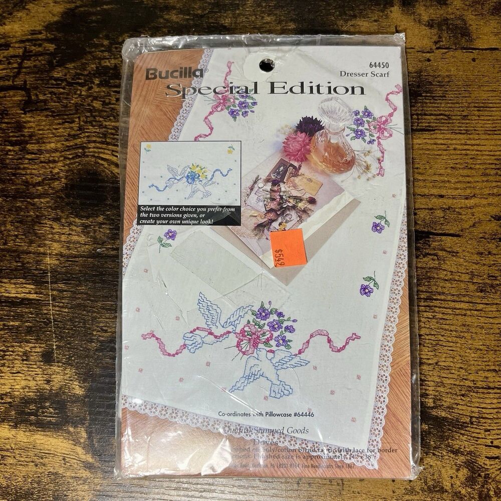 Bucilla Vintage Birds Floral Dresser Scarf Embroidery Kit 64450 NIP NOS Special